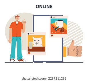 Social media concept. Global communication, sharing content and getting feedback. Using networks for communication and hobby. Flat vector illustration