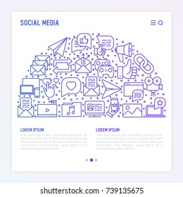 Social media concept in half circle with thin line icons. of thumbs up, share, link, send e-mail, music, stream, comments. Vector illustration for banner, web page, print media with place for text.