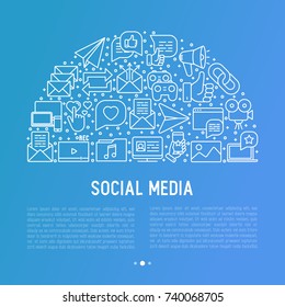 Social media concept in half circle with thin line icons. of thumbs up, share, link, send e-mail, music, stream, comments. Vector illustration for banner, web page, print media with place for text.