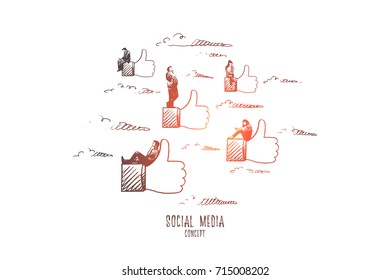 Social media concept. Hand drawn symbols of likes and persons on them. Communication through internet isolated vector illustration.