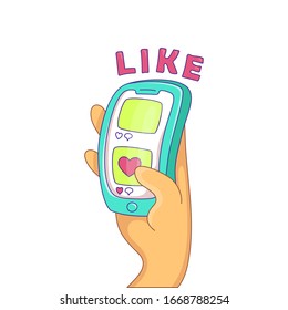 Social media concept. hand with smartphone with like button on the screen. Following subscribing reposting sharing. Social network communication on mobile app. isolated cartoon Vector illustration