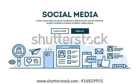 Social media, concept header, flat design thin line style, vector illustration