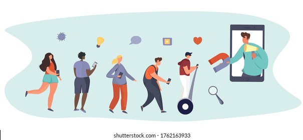 Social Media Concept.Man Holding Megaphone and Magnet in Smartphone and Streaming.Likes,Feedback and Followers in Internet.Blogging,Smm Influencer Strategy.Hype, Blogging.Flat Vector Illustration.