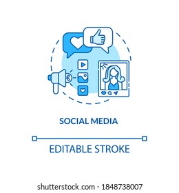 Social media concept icon. Communication channels. Living social life online. Information from internet idea thin line illustration. Vector isolated outline RGB color drawing. Editable stroke