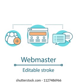 Social media concept icon. Webmaster idea thin line illustration. Online communication. Chatting. Web browsing. Vector isolated outline drawing. Editable stroke