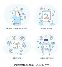 Social media concept icons for of digital communication, people networking and direct marketing. Perfect for web interface, mobile applications, infographics and prints. Flat line design.