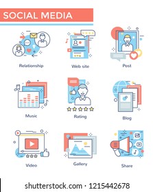 Social media concept icons, thin line, flat design