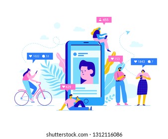 Social media concept illustration. Flat people standing and sitting on big picture and leaving comments and likes for man's post.
