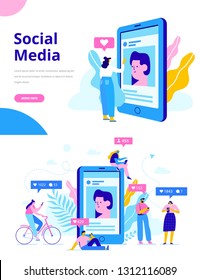 Social media concept illustration. Flat people standing and sitting on big picture and leaving comments and likes for man's post.