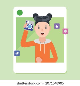 Social media concept illustration. Self photo concept. Social media influencer illustration. Person wearing face mask.