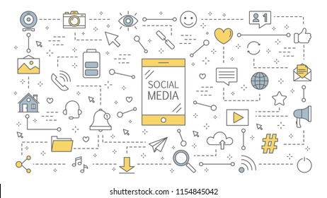 Social media concept ilustration. Global communication, sharing content and getting feedback. Using networks for business promotion. Marketing strategy. Isolated line vector illustration