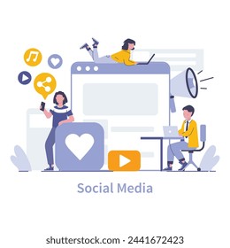 Social Media concept. Interactive online platforms for news sharing and discussions on current events. Digital community engagement and connection. Vector illustration.