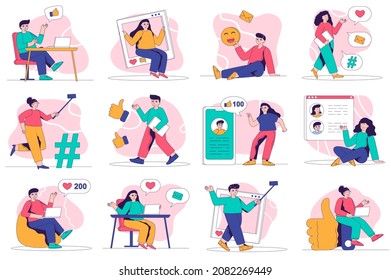 Social media concept isolated person situations. Collection of scenes with people users post photos, comment, likes, write blog posts, communicate online. Mega set. Vector illustration in flat design