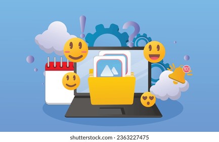 Concepto de medios sociales aislado. Representar la computadora con un colorido icono de red social. Chat Bubble, Like Button, Exclamation Question Mark, Notification Bell.on blue Background.Vector Design Illustration.