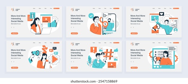 Social media concept of landing page with slide templates set in flat design. Website headers with people watching videos and likes, follow live broadcasting, sharing posts. Vector illustrations.