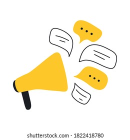 Social media concept, loudspeaker, and messages. Advertisement, announcement, message, alert. Flat line vector icon illustration on white