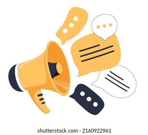 Social media concept, loudspeaker, and messages. Advertisement, announcement, message, alert. Flat line vector icon illustration on white. Megaphone alert, announcement. Business communication banner.