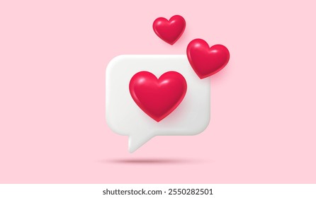 Social media concept, love emoticon. Chat speech bubble with 3d hearts. Social media like icon. Chat love message with cute 3d hearts. App love comment. Vector illustration