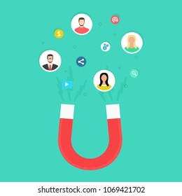 Social media concept with magnet engaging followers and likes. Influence marketing or viral advertising campaign. Audience or customer retention strategy. Mobile feedback and referrals. Vector