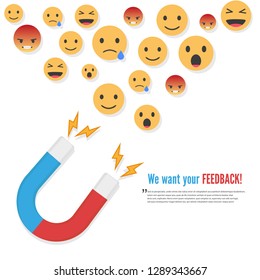 Social media concept. A magnet we want your feedback. Flat style vector illustration.