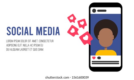 Social media concept with man / boy influencer, feed, like and comment. Social media marketing concept. Template / mockup with copy space for text or picture. Vector flat stock illustration.
