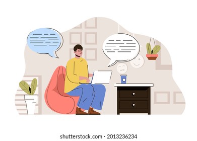 Social media concept. Man browsing social networks and chatting with friends situation. Online communication people scene. Vector illustration with flat character design for website and mobile site