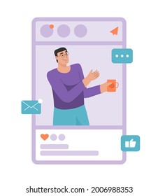 Social media concept. Man drinks and posing at photo post online. Followers, comments, likes on personal blog. Internet communication. Layout mobile app at smartphone. Vector character illustration