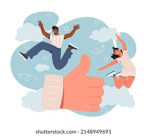 Social media concept. Man and girl jump. Communication on Internet and transmission of fun content, websites for entertainment. Modern technologies and digital world. Cartoon flat vector illustration