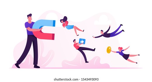 Social Media Concept. Man Holding Huge Magnet Attracting Likes, Feedback and Followers in Internet. Smm Influencer Strategy, Advertising Promotion Management Service. Cartoon Flat Vector Illustration