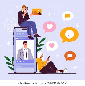 Social media concept. Man and woman near smartphone with picture. People chat online and look at photos of users on Internet. Communcation at messengers. Cartoon flat vector illustration