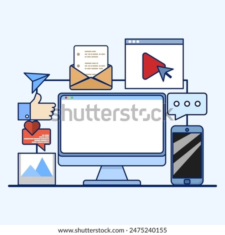 Social Media Concept, social media marketing. analyzing trends, creating promotional strategies, and advertising online. Talking Chat Speech Bubble, Vector illustration in flat web design.