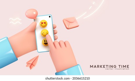 Social media concept. Marketing time. Realistic abstract 3d design. Cartoon style. In hand phone sends emoticons of emotions to friends. Mobile Template Social network. smile icon. Vector illustration - Shutterstock ID 2036615210