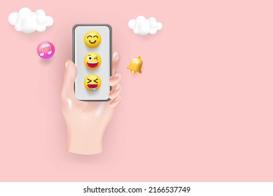 Social media concept. Marketing time. Realistic3d design. Cartoon style. In hand phone sends emoticons of emotions to friends. Mobile Template Social network. smile icon. 3d Vector illustration