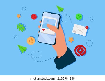 Social media concept. Marketing time. Vector abstract design. Cartoon style. In hand phone sends emoticons of emotions to friends. Mobile Template Social network. smile icon. Vector illustration