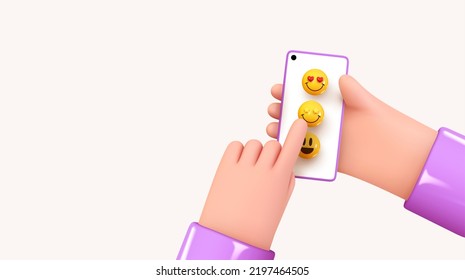 Concepto de medios sociales. Tiempo de comercialización. Diseño 3d abstracto realista. Estilo de caricatura. En la mano el teléfono envía emoticonos de emociones a los amigos. Plantilla móvil Red social. icono de sonrisa. Ilustración del vector