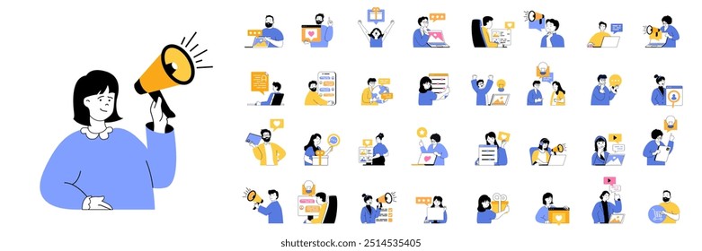 Social media concept mega set with character scenes in flat design for web. Bundle situations with people promote online, watching video, follow live broadcasting, share posts. Vector illustrations.