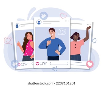 Concepto de medios sociales. Hombres y mujeres en fotografías, posts en Internet. Tecnologías modernas y mundo digital. Comunicación e interacción en línea, mensajeros. Dibujo vectorial plano de dibujos animados