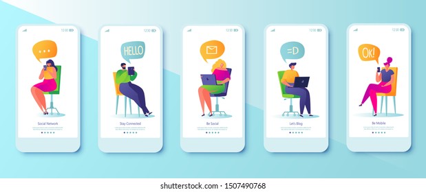 Social media concept  for mobile app page, onboard screen set. Vector illustration with set of flat people characters chatting in social network for mobile website development an web page design.