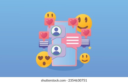 social media concept with mobile phone and emoji.on blue background.Vector Design Illustration.