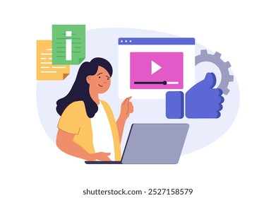 Conceito de mídia social em design plano moderno para web. Mulher assistindo vídeo usando laptop, deixando reações e comentários, seguindo blogs e obtendo novas informações online. Ilustração vetorial.