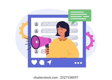 Social media concept in modern flat design for web. Woman communicating online at chats, leaving comments, sharing posts and promoting its with marketing tools and advertising. Vector illustration.