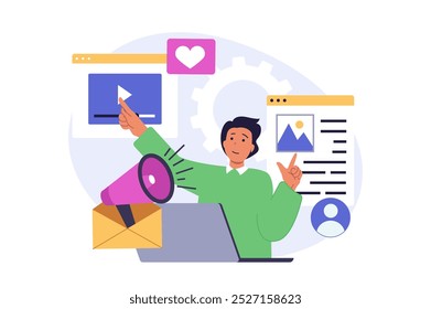 Conceito de mídia social em design plano moderno para web. Homem postando novas fotos e vídeos, promovendo seu blog com ferramentas de marketing, atraindo novos seguidores, compartilhando informações. Ilustração vetorial.