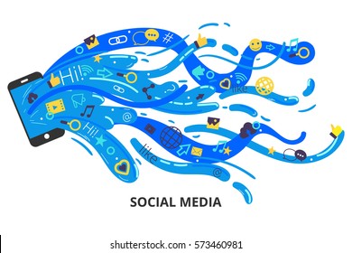 Social media concept in modern flat design. Smart phone with colorful splashes and a lot of social media icons. Can used for web banners and info graphics.