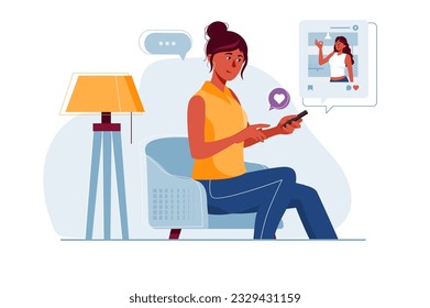 Social media concept with people scene in the flat cartoon style. The girl looks at new photos of her friends on social networks. Vector illustration.