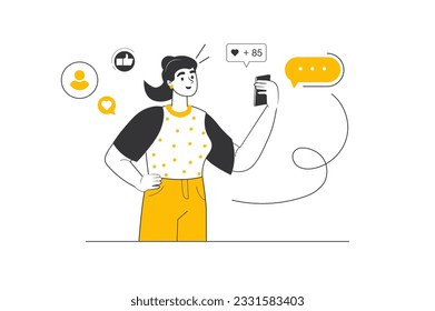 Social media concept with people scene in the flat cartoon style. The girl is gaining popularity in social networks. Vector illustration.