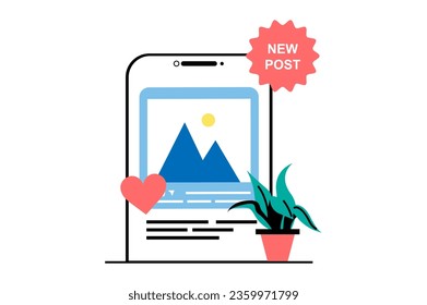 Social media concept with people scene in flat web design. Mobile app with networking interface with new post with photo and likes. Vector illustration for social media banner, marketing material.