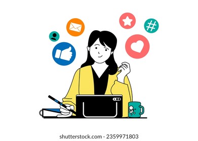 Social media concept with people scene in flat web design. Woman connecting with online friends, sending emails, likes and comments. Vector illustration for social media banner, marketing material.