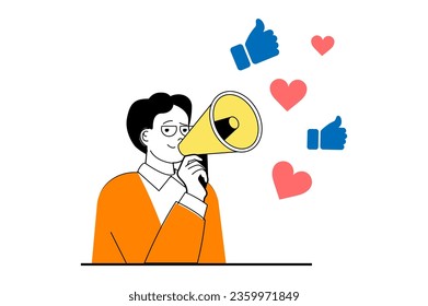 Social media concept with people scene in flat web design. Man with megaphone makes new posts and gettings likes and hearts reaction. Vector illustration for social media banner, marketing material.