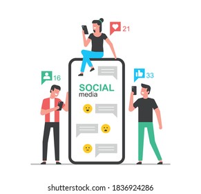 Social media concept. People are standing near by a huge smartphone and using own smartphones. flat style
