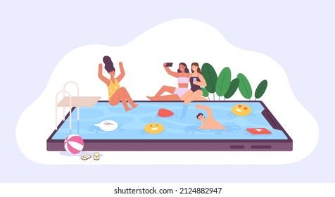 Social media concept with people swim in phone pool. Smartphone influence, online messages and apps. Social networks addiction vector poster. Illustration of pool technology social media